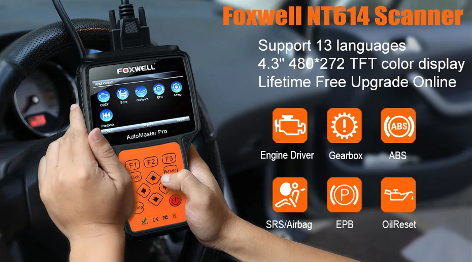 Foxwell NT614 OBD2 автомобильный сканер ABS SRS подушка безопасности OilReset EPB стояночный тормоз двигатель коробка передач автомобиля OBD 2 диагностический инструмент