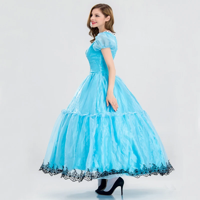 

Free shipping Alice fantasy Wonderland cosplay costume Adult Halloween ball dress role playing Princess blue long Dress JQ-1151