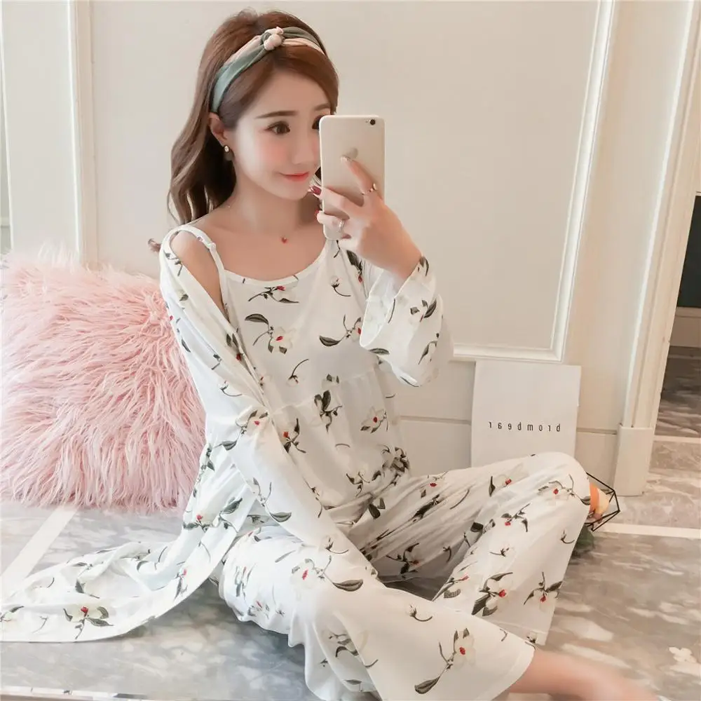 

3pcs One Lot Pajama Sets For Women Womens Pyjamas Sleepwear Pijama women Cardigan+Camisole+Long Pants Summer Leisure wear