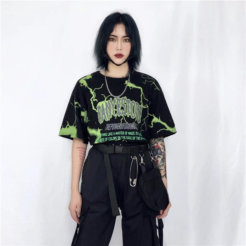 Новинка лета Ulzzang Harajuku корейский хипстер большой размер молния печати Женская футболка свободные модные повседневные топы