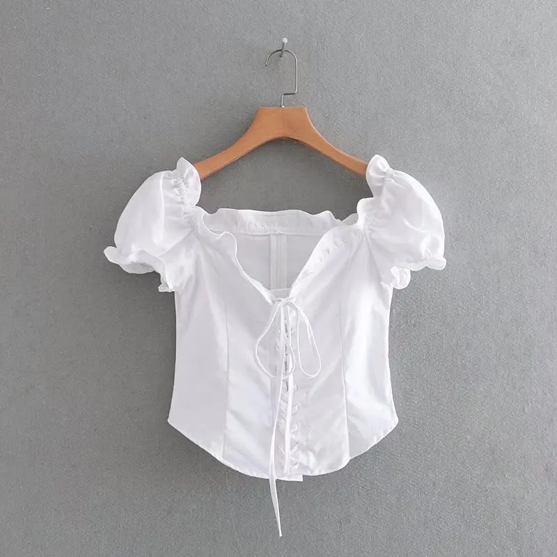2018 Для женщин винтажные на шнуровке Белый бинт blusas дамы сладкий puff рубашка с