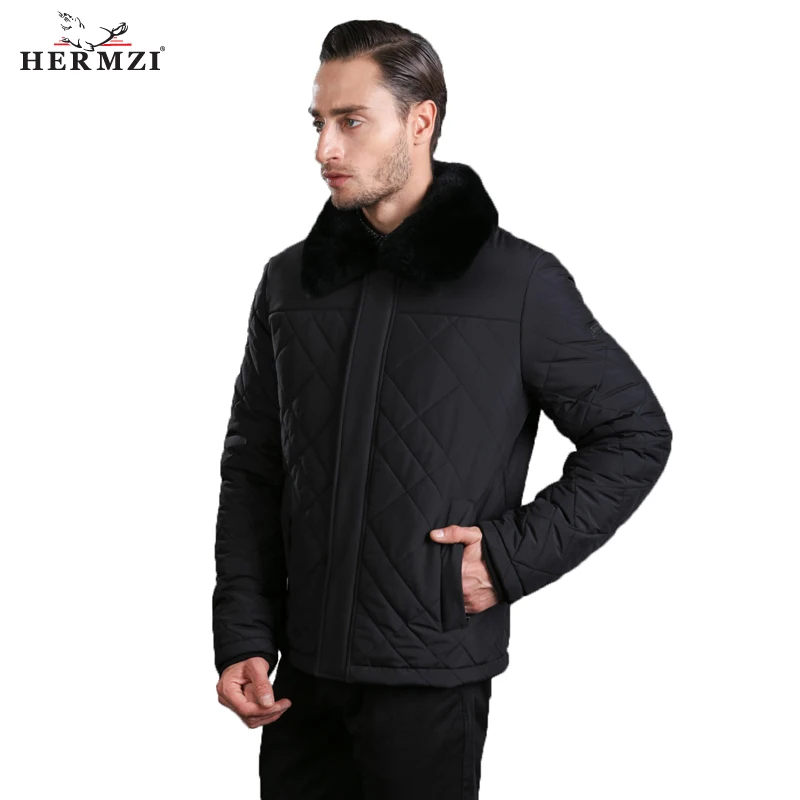 HERMZI 2022 New Winter Jacket Men Padded Jacket Coat Cotton Black Winter Coat Rex Rabbit Fur European Size Winter Clothes Men