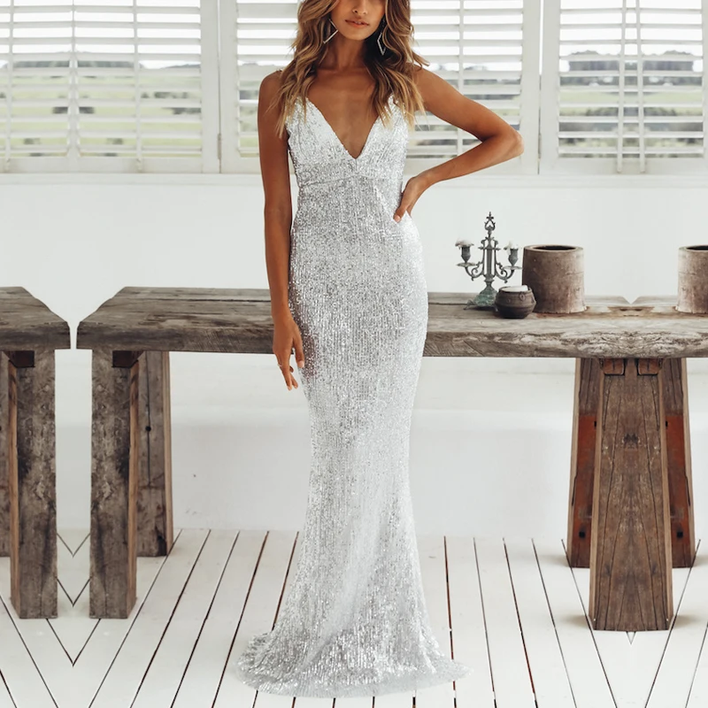 Новое поступление блестками длинное платье сексуальное с v образным вырезом