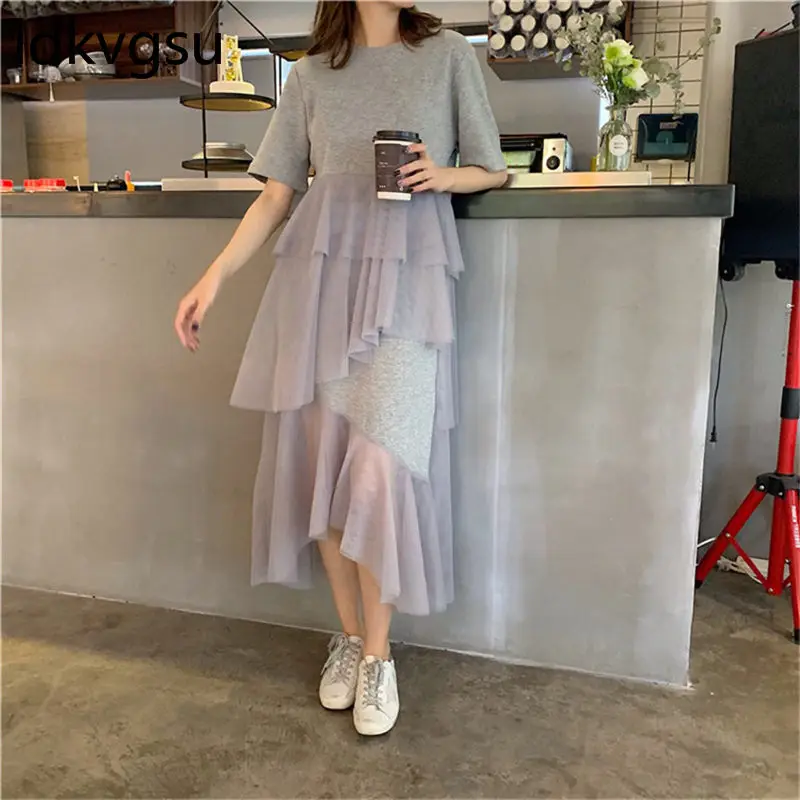 Summer Dresses Women 2019 Casual Fashion Splice Mesh Irregular Cake Dress Female O-neck Short Sleeve Mujer Vestidos f102 | Женская