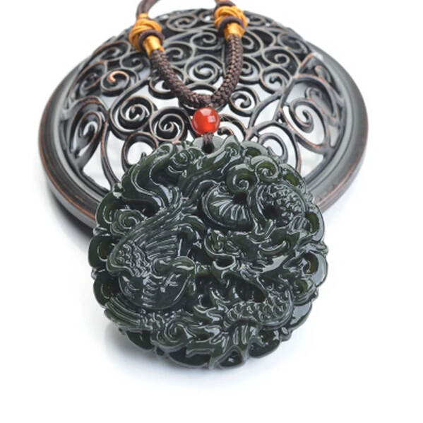 Китайский ручной резьбой Хотан Темно-зеленый дракон феникс кулон Цепочки и