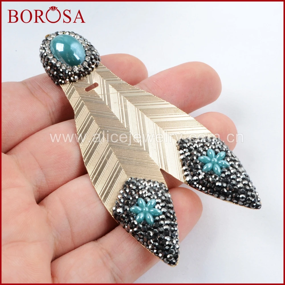 BOROSA Rhinestone Pave Crystal Leaf Shape Metal Slice Charm Handcrafted Drusy Women Fashion Jewelry Gems Mix Color JAB815 |