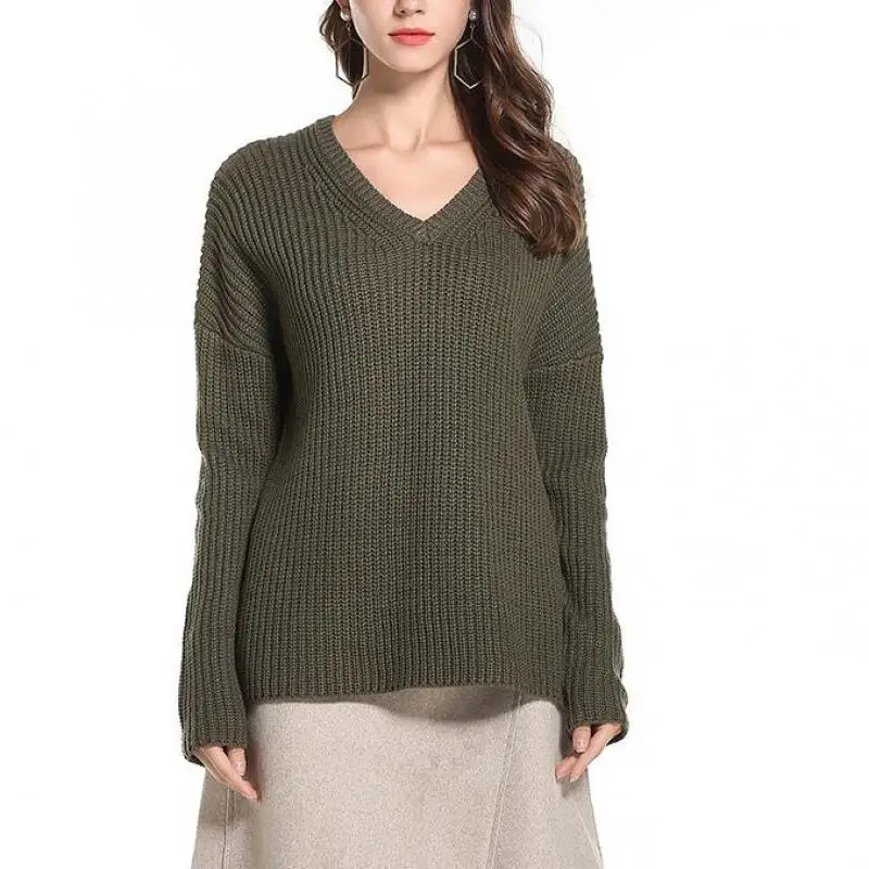 2018 Autumn And Winter Fashion Women's Sexy V-neck Knit Loose Pullover Long-sleeved Solid Color Casual Sweater Cj0325 | Женская
