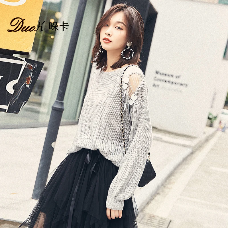 Sweat Sweater Women Autumn Winter Pullovers Solid Beading Causal Oversize Long-sleeve Knitted Sweaters CGM18163 | Женская одежда