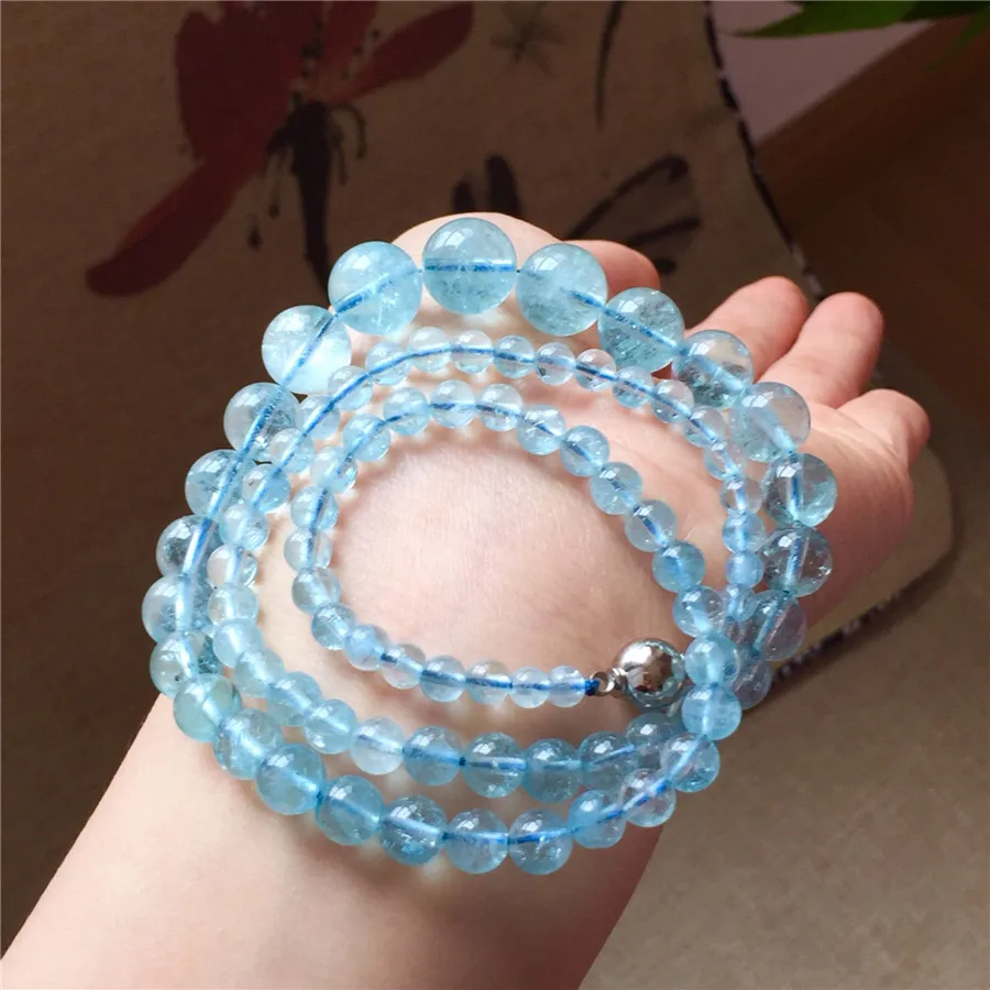 

2018 Newly Natural Brazil Ocean Blue Stone Bead Necklace AAAA 5-12mm Fashion Women Crystal Necklace Trendy Stone Round Necklace