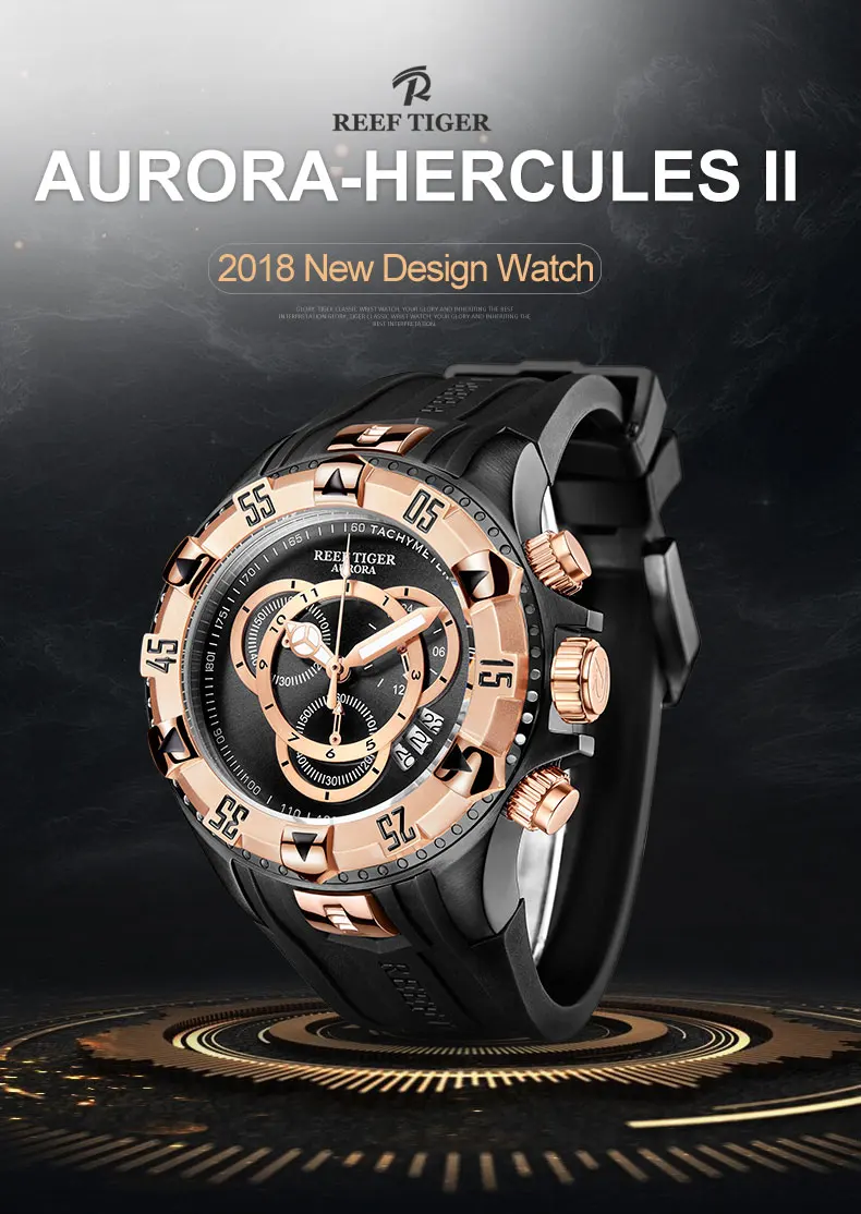 Reef Tiger/RT дизайнерские спортивные часы Супер Светящиеся с хронографом даты все черные резиновые ремешок повседневные часы RGA303-2