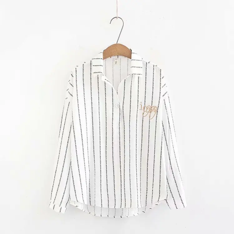 

Plus size Embroidery letter striped cotton women blouse 2019 Spring autumn casual long sleeve ladies white shirts female tops