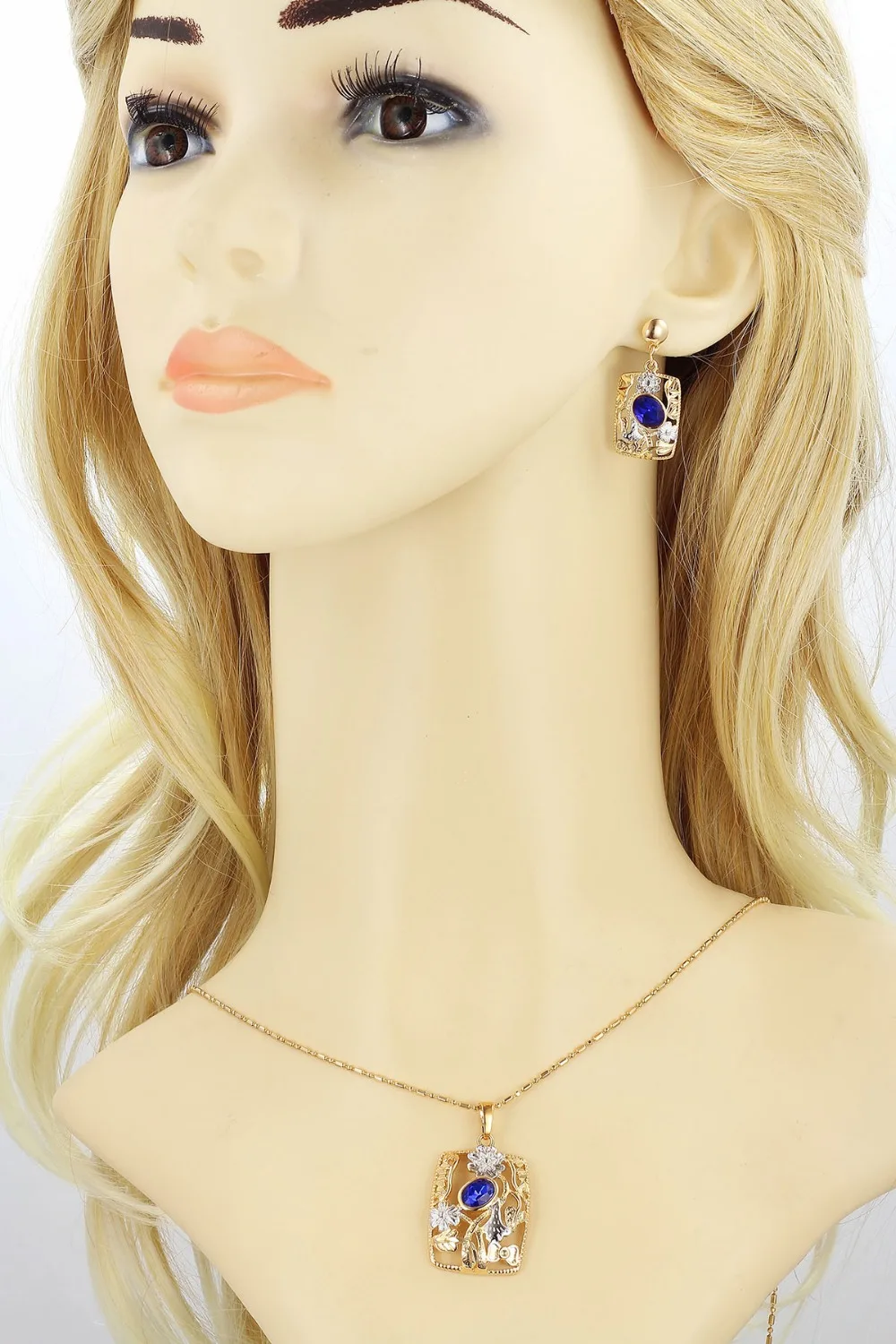 Exclusive Blue Empress Square Necklace Gold Color With Hollow Rectangle Sliver Stud Earrings Women Jewelry Sets|necklace white gold|gold artnecklace