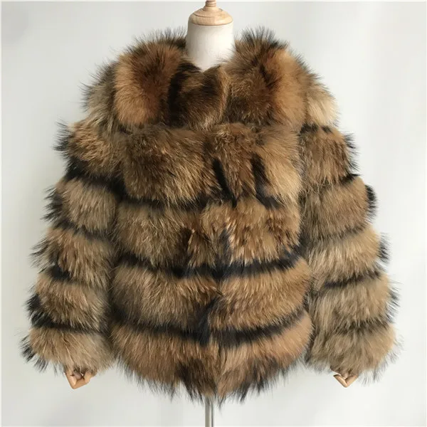 Natural color Куртка из натурального меха енота, Женское зимнее пальто, модное пальто из натуральной кожи, полные полоски на рукавах, пальто из натурального меха енота для женщин - Цвет: Natural color