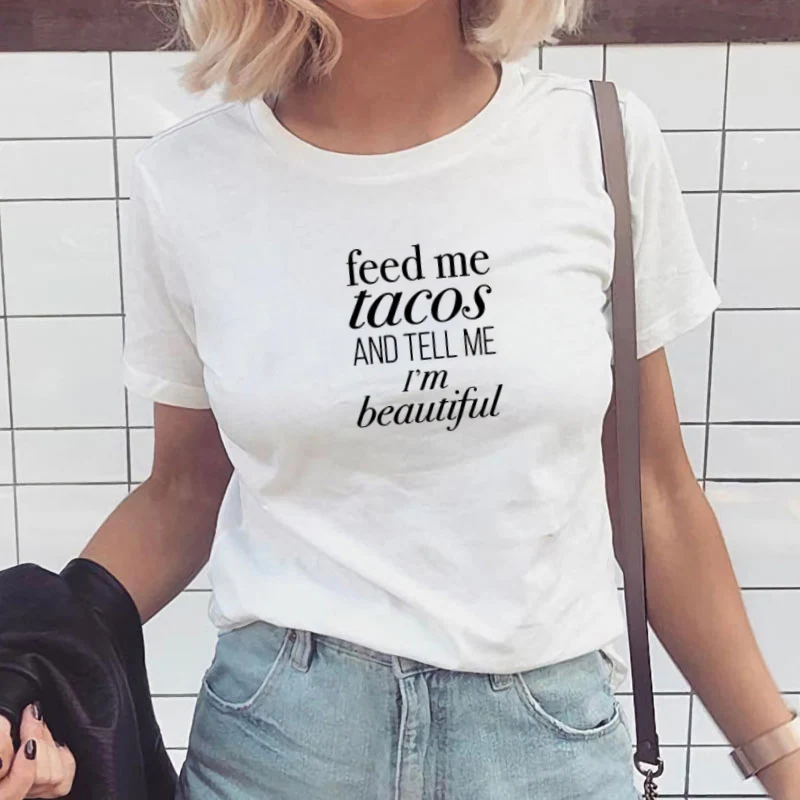 Женские футболки с круглым вырезом FEED ME TACOS летние хлопковые коротким рукавом