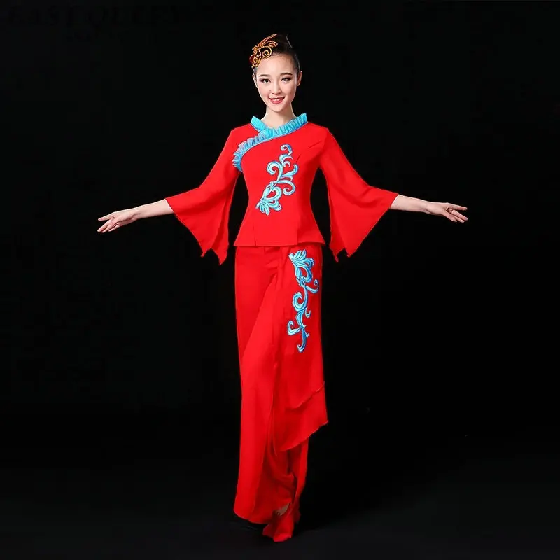 Chinese folk dance clothing pant suits Chinese dance costumes yango drum fan stage dance wear outfit performance FF757