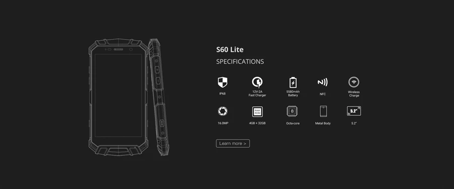 DOOGEE S60 Lite IP68 вода 5580 мАч Беспроводная зарядка 12V2A Быстрая зарядка 5,2 ''FHD MT6750T Восьмиядерный 4 ГБ 32 ГБ смартфон 16,0 Мп камера