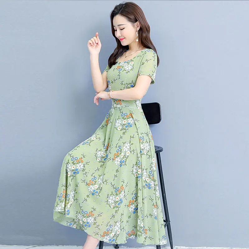 Plus size Women Dress 2019 summer Short sleeve Floral Print Vintage Chiffon European Style Slim Waist A Line pleated long Dresse | Женская