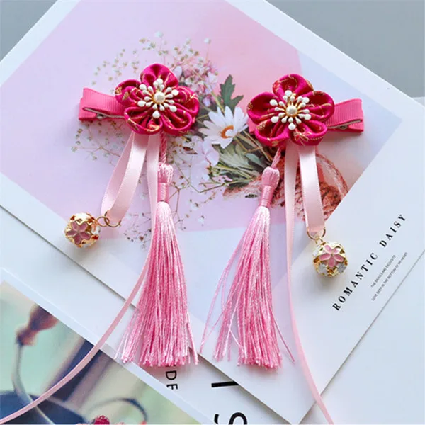 8pair/lot Fashion Multi Style Girls Hair Clips Chinese Traditional Princess Tassels Flower Hair Side Clips Kids Hair Accessories - Цвет: rose