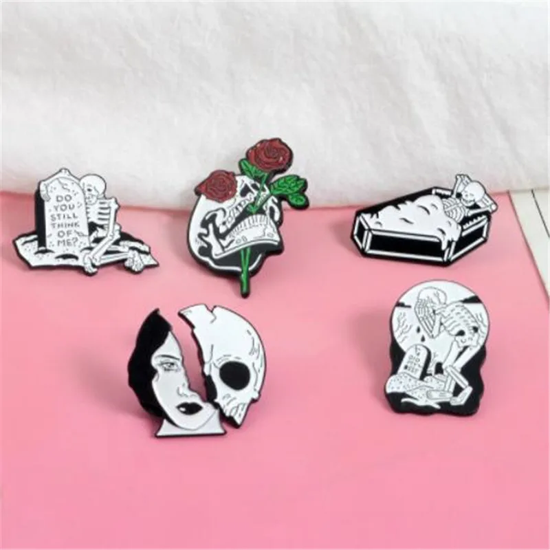 WKOUD Женская эмалированная булавка с черепом для лица Роза мертвые влюбленные
