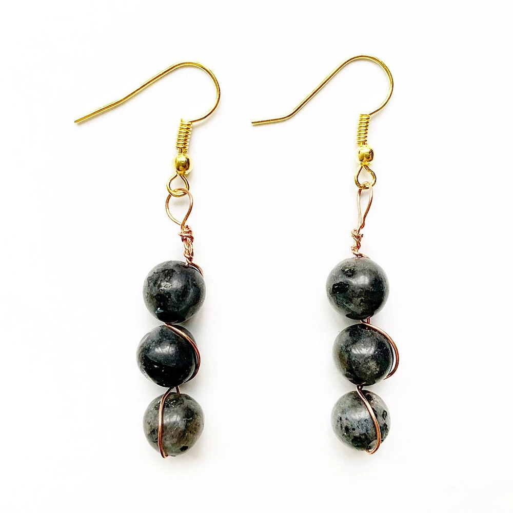 Natural Black Labradorite Earrings Copper Wire Wrapped 8mm Stone Beads Dangle Hook Gold-color Jewelry | Украшения и аксессуары