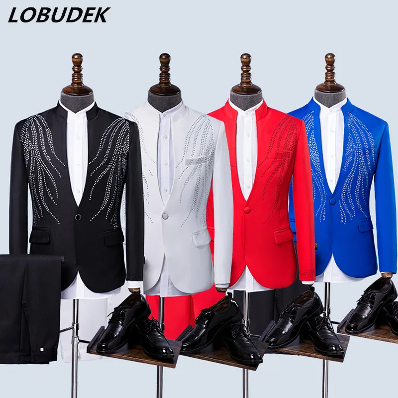 

Adult Formal Men's Suits Black Red White Blue Stones Blazers Crystals Jacket Wedding Clothing Choral Dress Host Singer Costumes