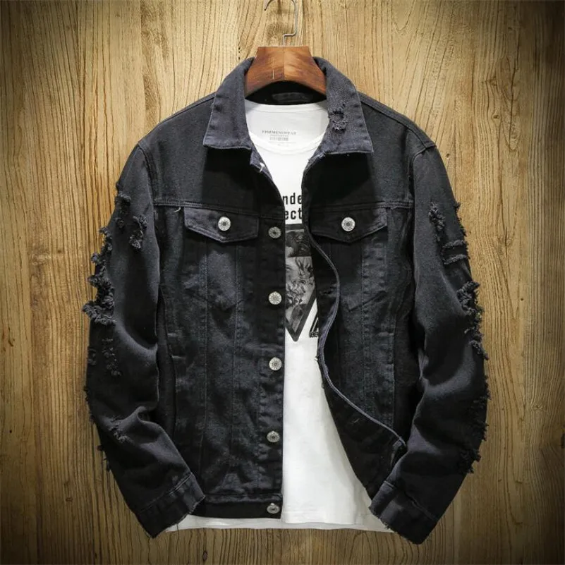 

2019 Autumn Hole Denim Jacket Men Ripped Cowboy Jackets Coat Male Slim Fit Solid Casual jeans Coats Plus Size 5XL w491