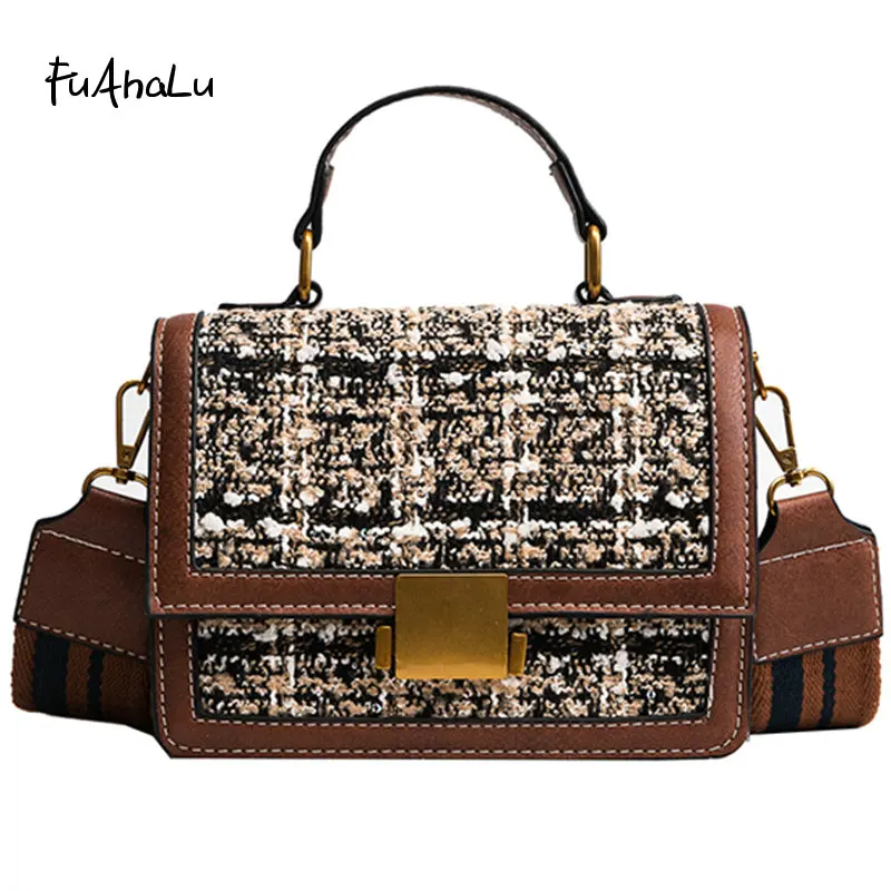 FuAHaLu   New women wide shoulder strap Messenger bag hit color wool portable shoulder bag wild small square package