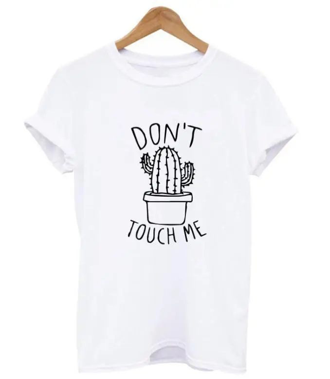 Белый Футболка с принтом "Don TOUCH ME" и надписью "кактус", Женская свободная футболка с коротким рукавом и круглым вырезом, лето, женская футболка, топы - Цвет: Белый