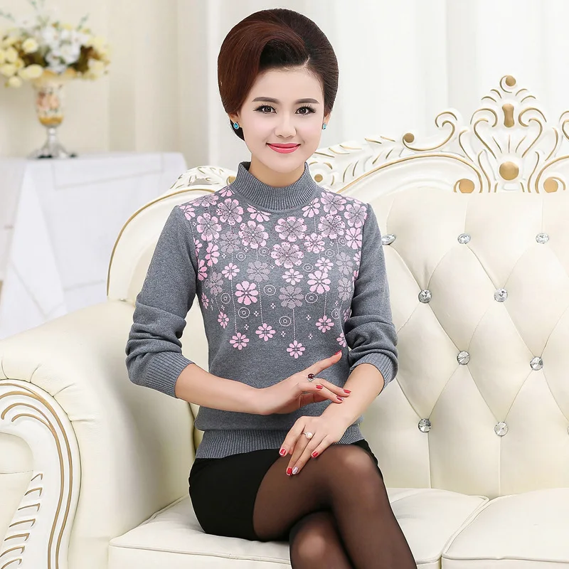 Knitting Mother Clothing Floral New Women's Autumn Winter Turtleneck Sweater Pullover Casual Long-sleeve Knitted Basic Shirt Top | Женская