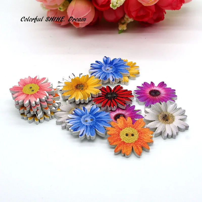 10 шт оптом пуговицы из натурального дерева в форме хризантемы смешанные