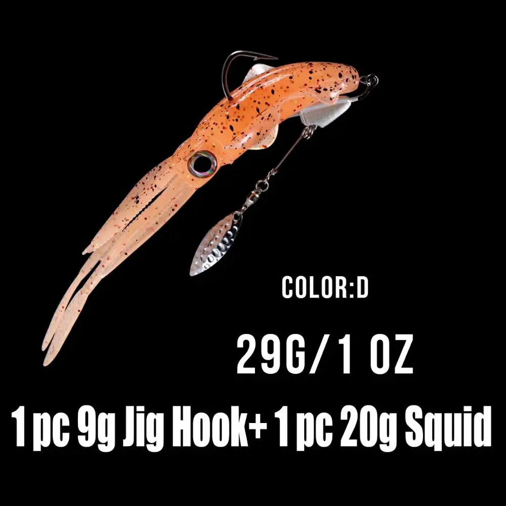 1pcs Color D Thkfish светящаяся Мягкая приманка для кальмаров, 20 г, 3D глаза, приманка для морской рыбалки, осьминог с лезвием 9 г, крючок для соленой воды - Color: 1pcs Color D