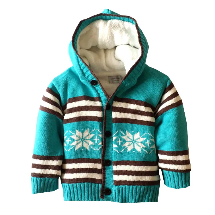 

Unisex Boys Girls Winter Hooded Single Breasted Striped Pattern Thicken Warm Fleece Cotton Knit Cardigan Sweater