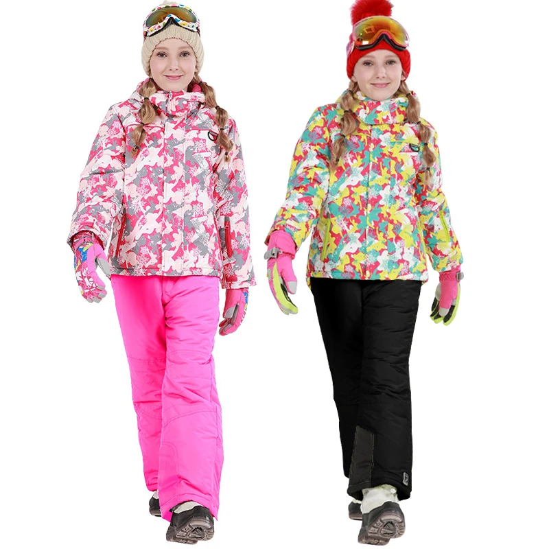 2020 Winter Ski Suit for Girls Fleece Hooded Kids Snow Sets Jacket Overalls Windproof Outdoor Sport Children Clothing Sets