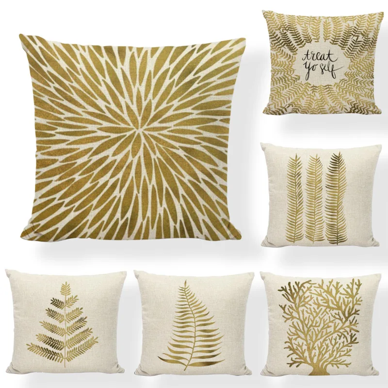 

Wholesale Cojines Nordic Style Decor Living Room Cushion Cover Golden Color Geometric Leaf Tree 45*45cm Linen Throw Pillow Cases