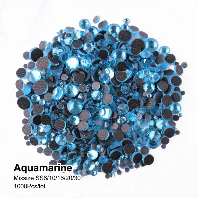 Aquamarine Горячая Распродажа, разноцветные блестящие стразы с горячей фиксацией, SS6-SS30, стеклянные стразы с плоским основанием, 1000 шт., украшение для одежды, сделай сам - Цвет: Aquamarine