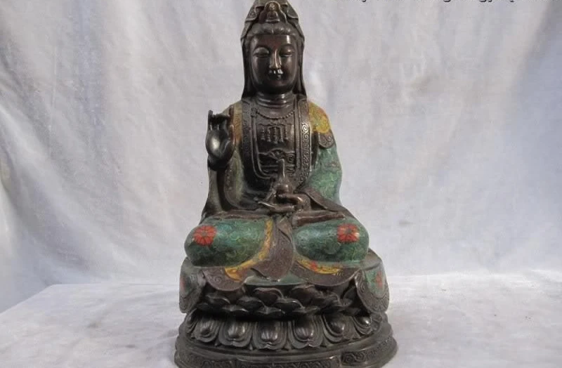 China Folk temple 100% Pure Bronze cloisonne Bodhisattva Kwan-Yin Hold bottle | Дом и сад