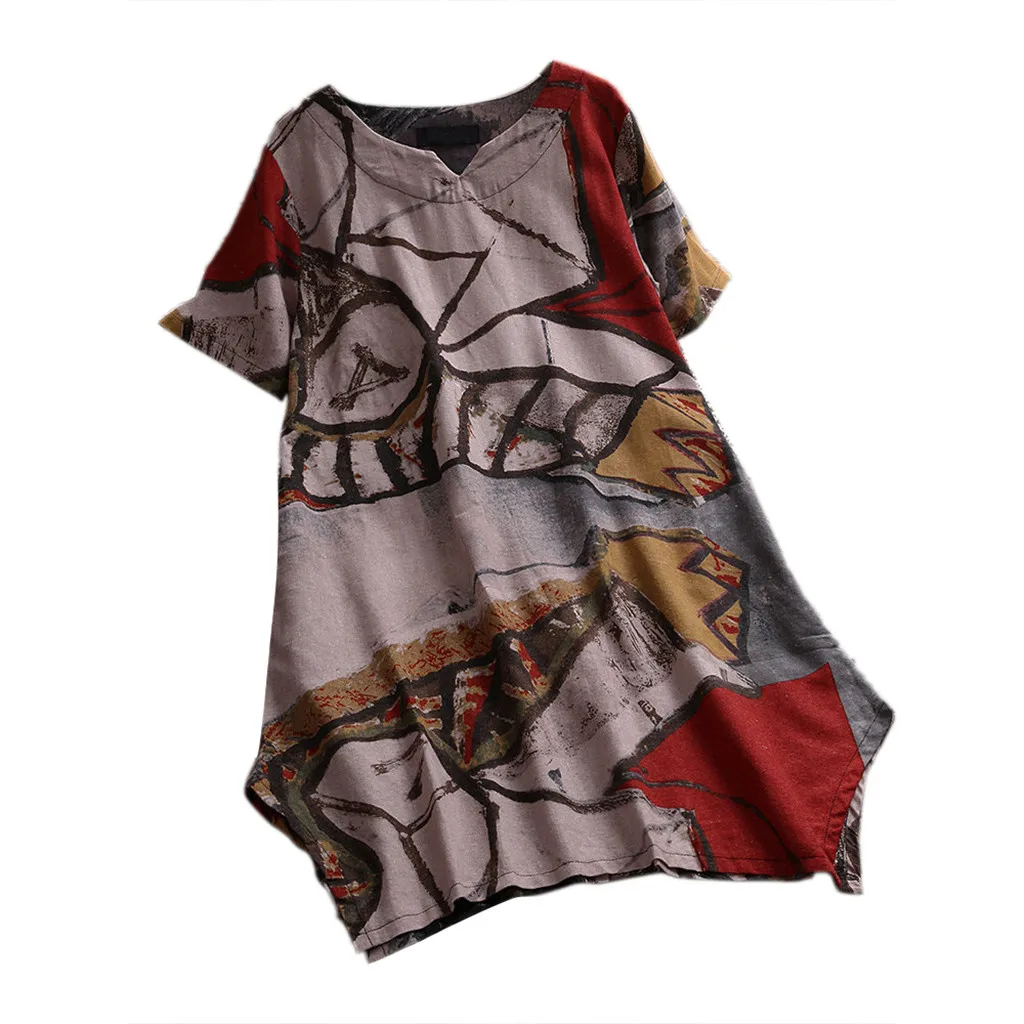 Женское хлопковое льняное платье с принтом v образным вырезом коротким рукавом