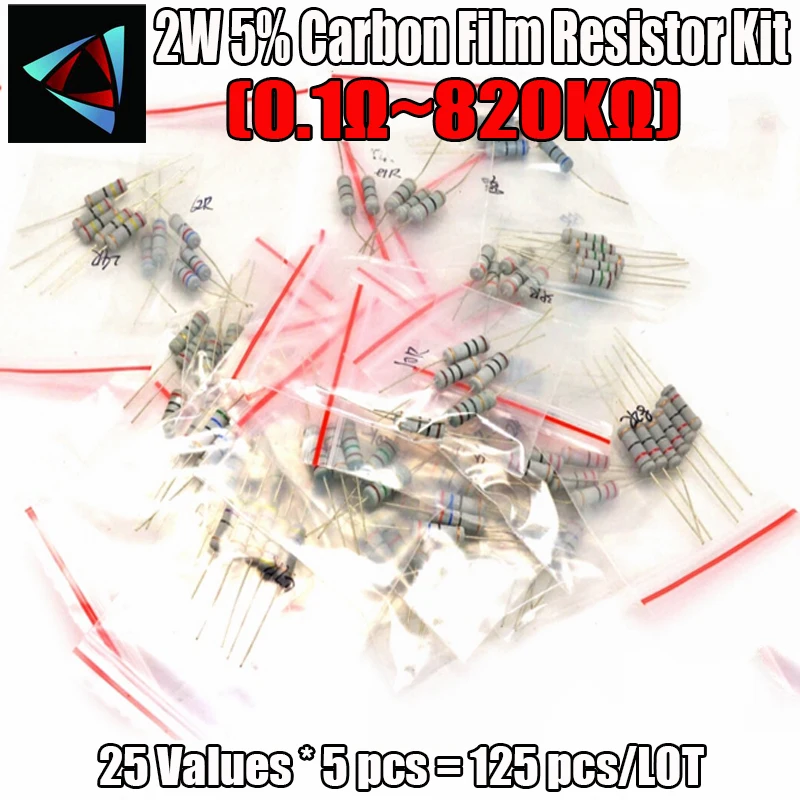 2W 5% 0.1R ~ 820K 25ValuesX5PCS = 125 шт. резистор с углеродной пленкой комплект резисторов в