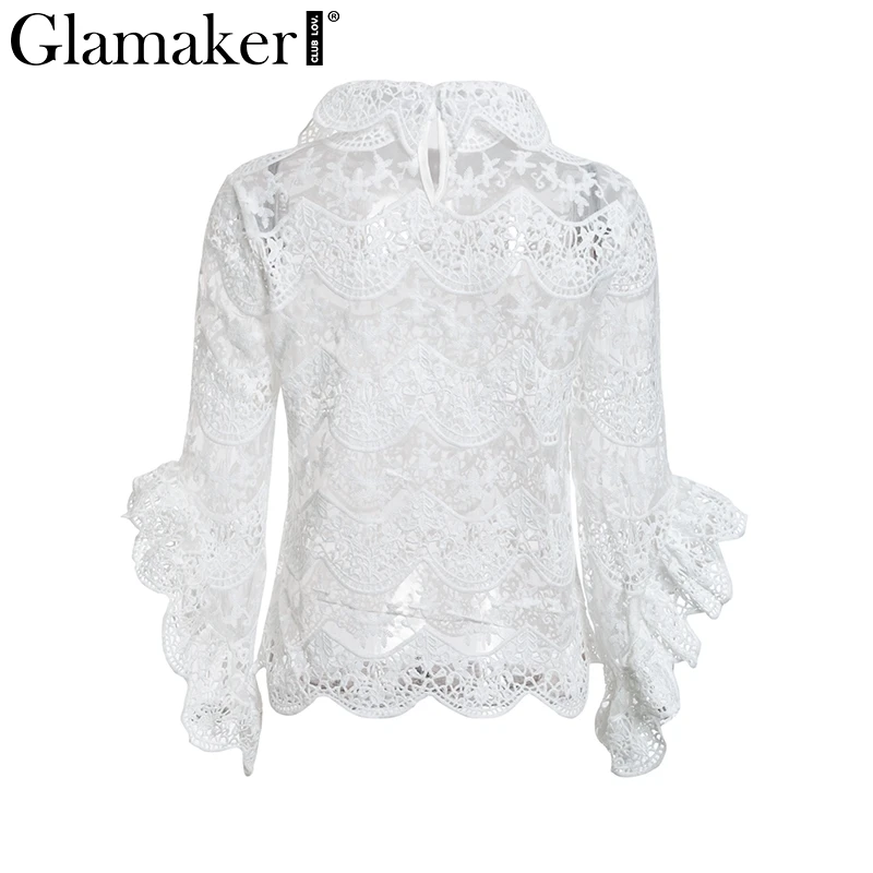 Женская прозрачная блузка Glamaker белая с длинным рукавом и кружевной