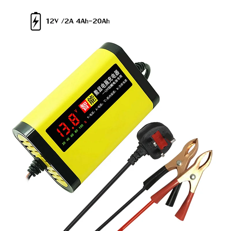 UK Plug Смарт-мотоцикл зарядное устройство для автомобильного аккумулятора 12В 2A ЖК-дисплей полный автомат 3 стадии AGM свинцово-кислотный гель интеллигентая(ый) 12 вольт 10AH 20AH - Цвет: UK Plug