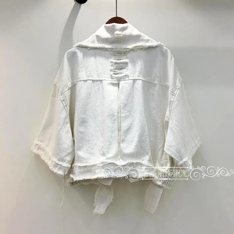 

2019 Spring New Fashion Women's Solid Color Short Denim Jacket Candy Color Lapel Hole Ripped Ribbon Jeans Coat Loose Outwear