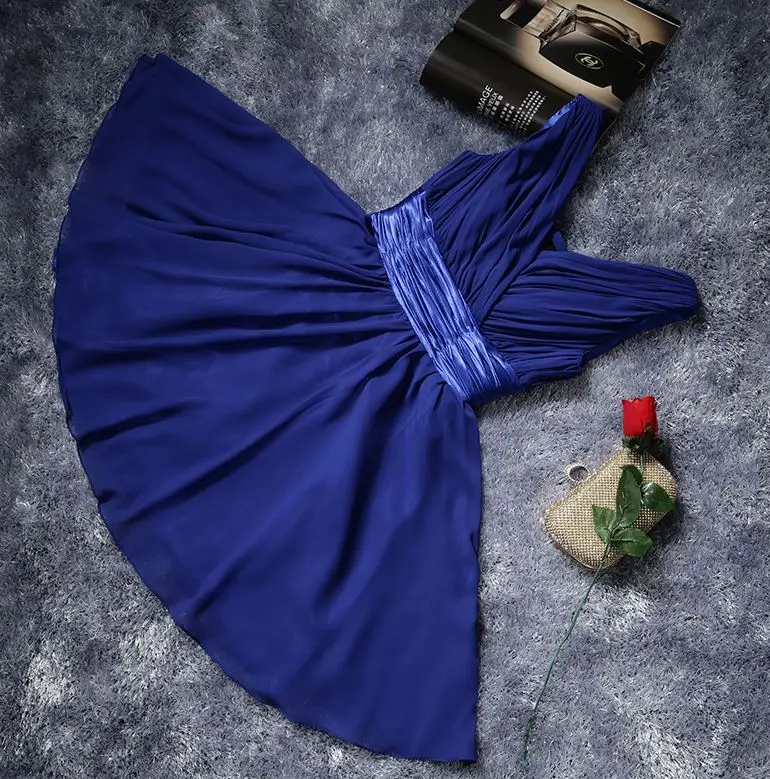 Royal blue Vestido madrinha Новое шифоновое сексуальное ТРАПЕЦИЕВИДНОЕ ПЛАТЬЕ С v-образным вырезом цвета шампанского, бирюзового, Королевского синего, фиолетовое платье для невесты короткое недорогое свадебное платье - Цвет: Royal blue