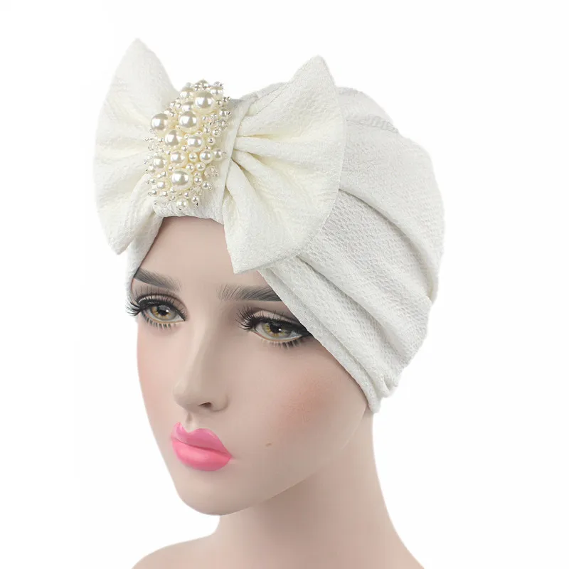 Мусульманская женская хлопковая Бандана с большим бантом и жемчугом|Женские