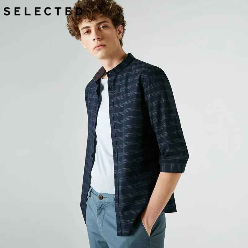 Мужская летняя рубашка 100% хлопок рукав 3/4 стоячий воротник Повседневная |