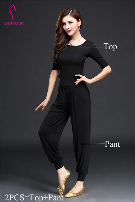 Black 2pcs Женский костюм для танца живота, тренировочная одежда для йоги, одежда для танца живота для взрослых, Восточный Болливуд, индийский Топ, пояс для брюк, тренировочная одежда - Цвет: Black 2pcs
