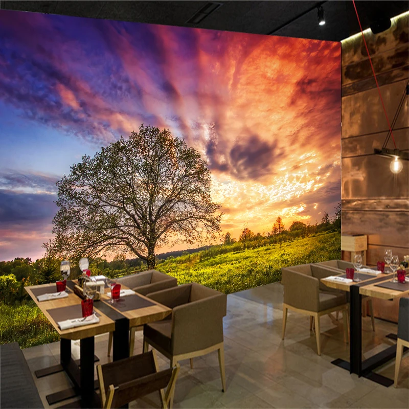 Custom any size wall mural wallpapers Modern fashion Sunset Big tree Grassland Wallpaper Wall Sticker YBZ079 | Дом и сад