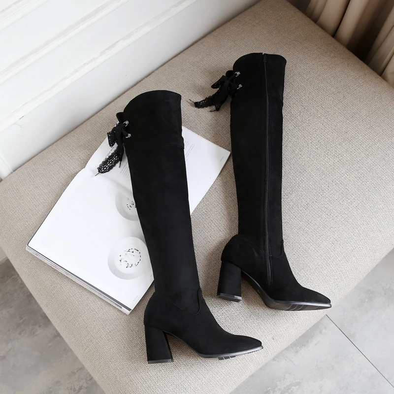 REAVE CAT/обувь женские сапоги на высоком каблуке женские Сапоги выше колена Zapatos de mujer, на молнии, с перекрестной шнуровкой, из флока, с острым носком,, A1465