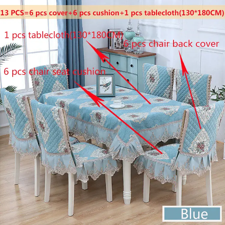 Blue13pcs130x180cm Европейский жаккард кружевная скатерть подол прямоугольные скатерти чехлы для стульев Подушка смывающаяся печать цветок белая ткань 130*180 см - Цвет: Blue13pcs130x180cm