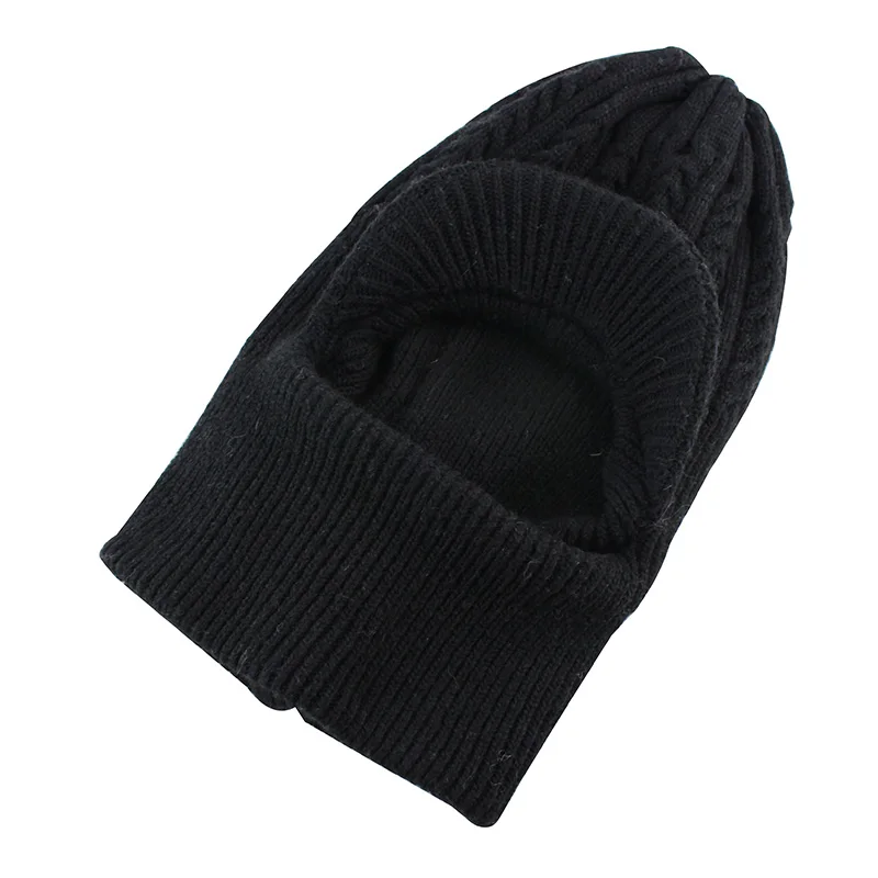 Шерстяные шапки вязаные мужские зимние шапки Skullies Bonnet Зимние головные уборы для мужчин и женщин Beanie Балаклава с шеи теплая маска для лица - Цвет: BK