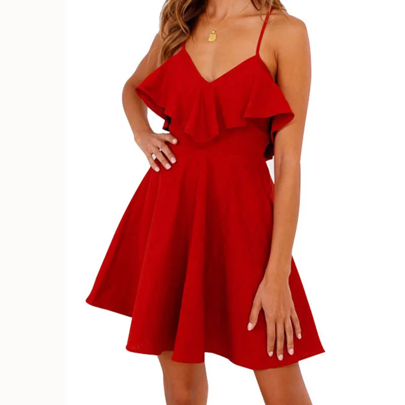 Женское пляжное платье без рукавов повседневное однотонное мини-платье